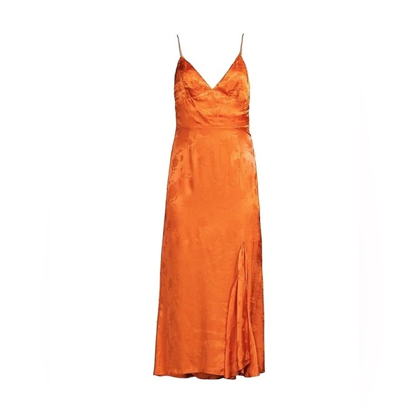 SAU LEE Francesca Midi Maxi Spaghetti Strap Gown Orange Jacquard Leaves Print 10 - Picture 3 of 7